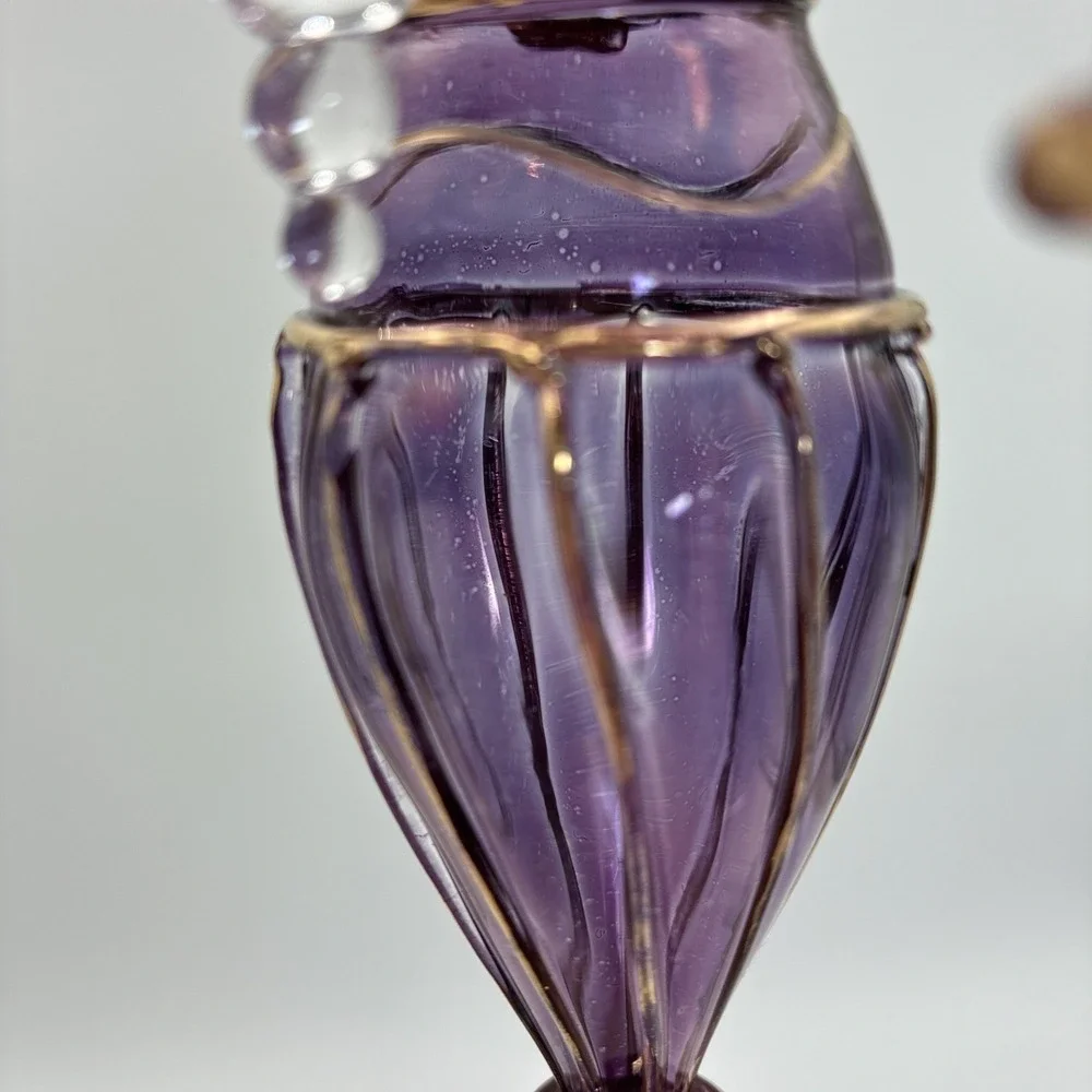 Purple Hand Blown Glass Ornaments Gold Filigree Teardrop Finial Set of 3 6